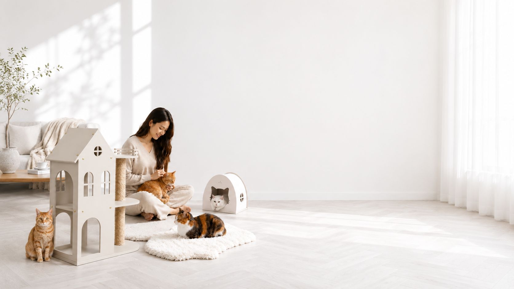 A woman with her cats beside a HAÜS tower and Cozy house