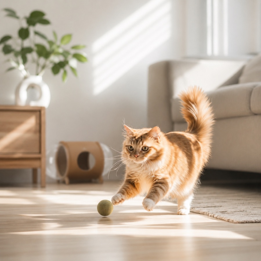 A cat playing in a bright, thoughtfully styled living room with a HAÜS piece