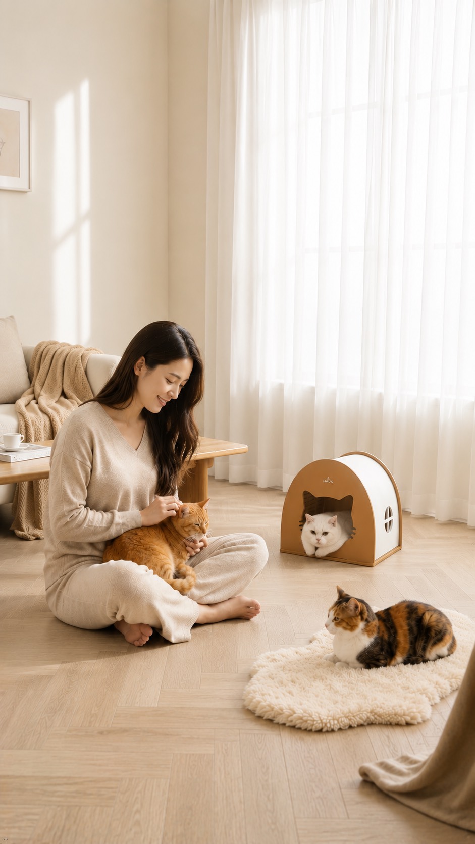 A bright Bangkok living room with a woman and her cats beside a HAÜS cat house