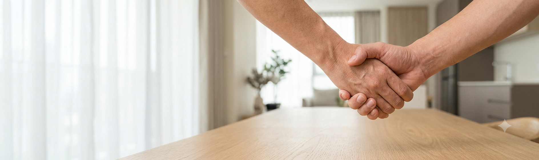 A handshake between HAÜS and a retail partner in a bright showroom